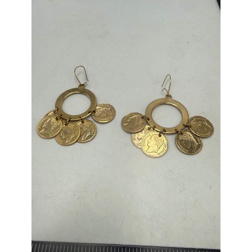 Gold Tone Coin Charm Hoop Earrings Boho Dangle French Wire Vintage Style